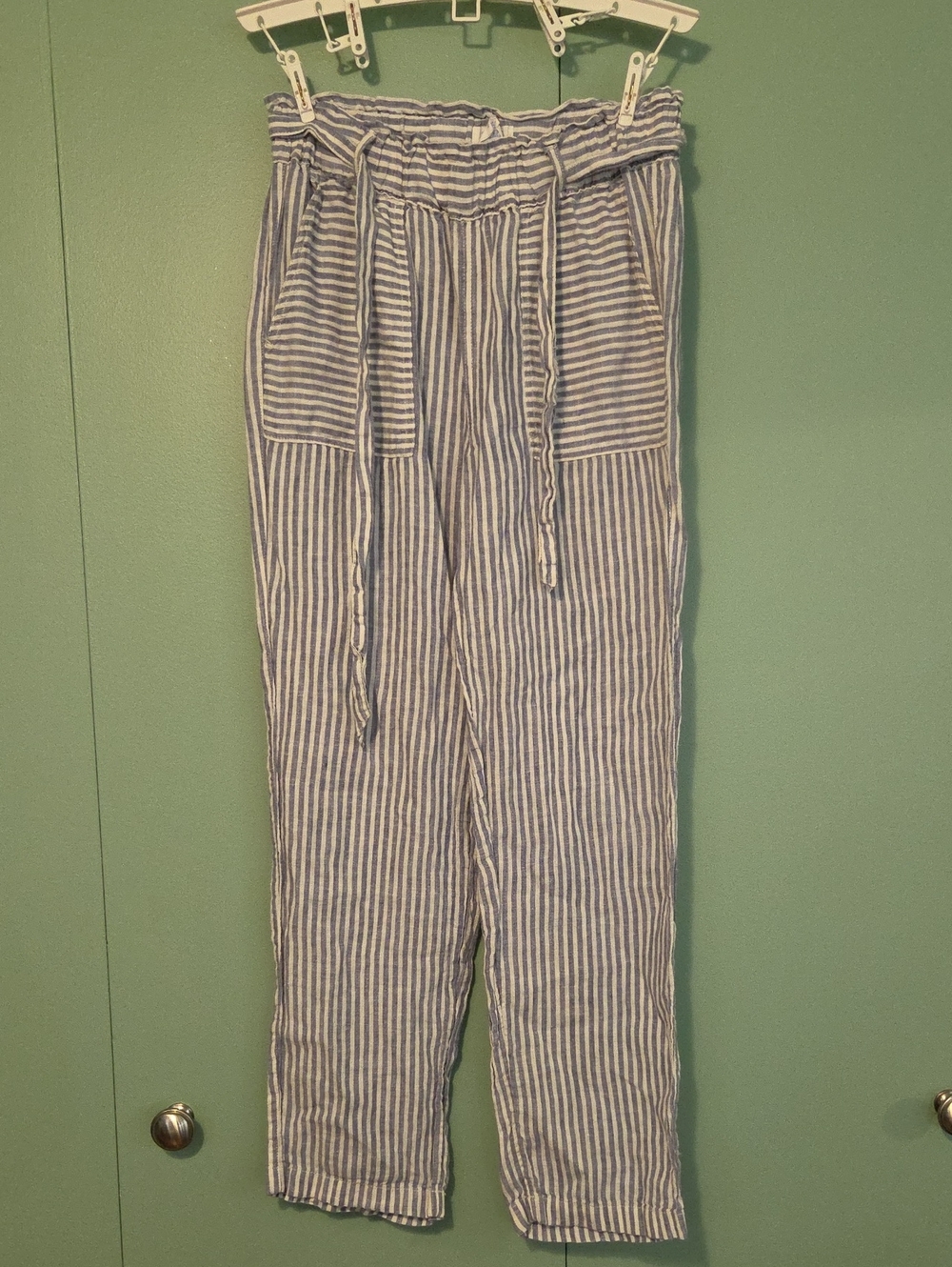 Sigrid Olsen Striped Blue and White 100% Linen Paperbag Waist Pants Size Small